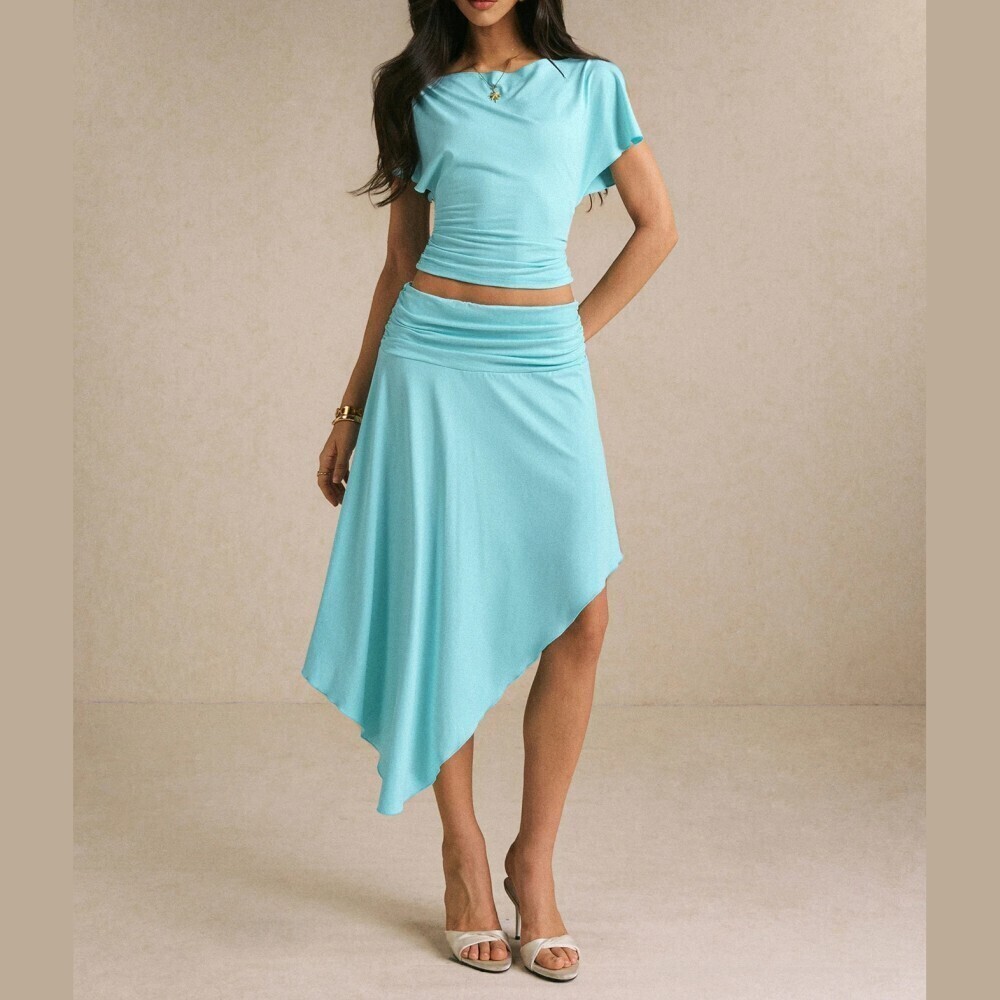 Aqua Blue Draped Flutter Sleeve Top And Asymmetrical Midi Skirt Set
